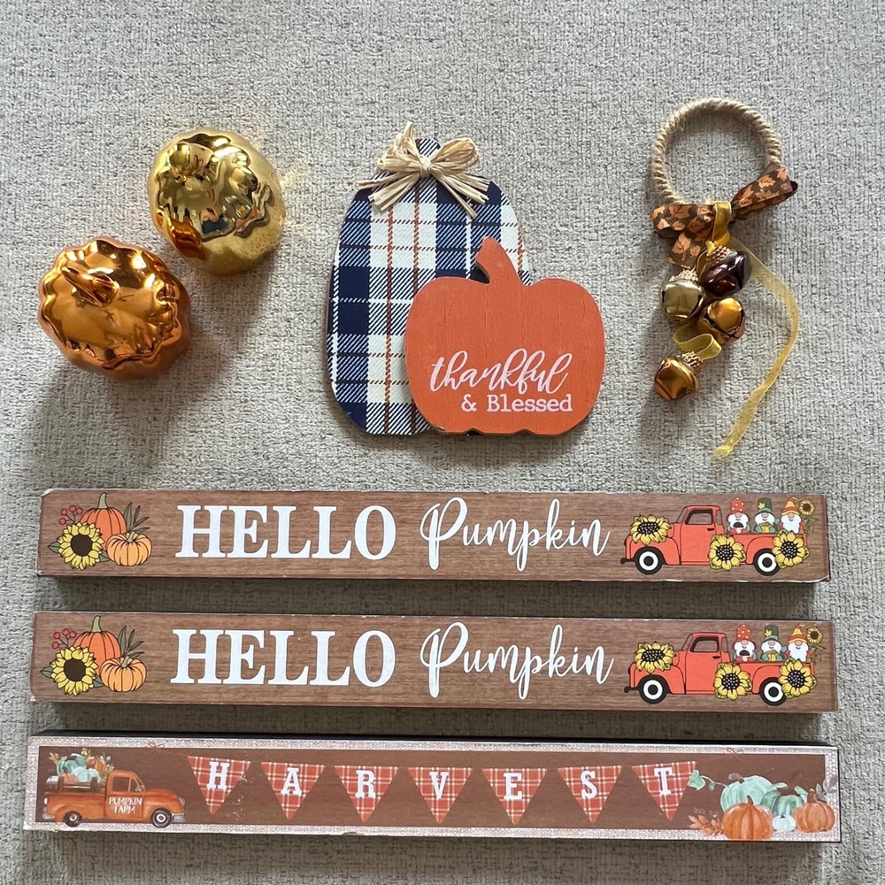7pc Fall Decor Bundle Hello Pumpkin Signs Metallic Pumpkins Harvest Gnomes